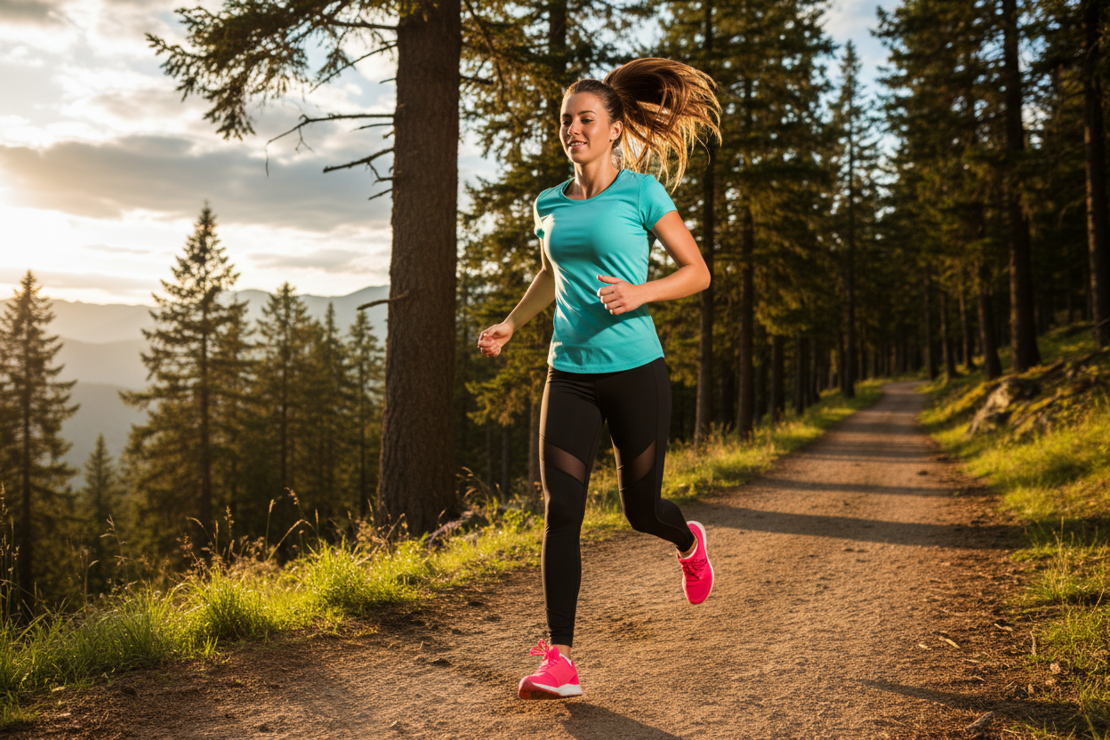 woman running tshirt and clochts 